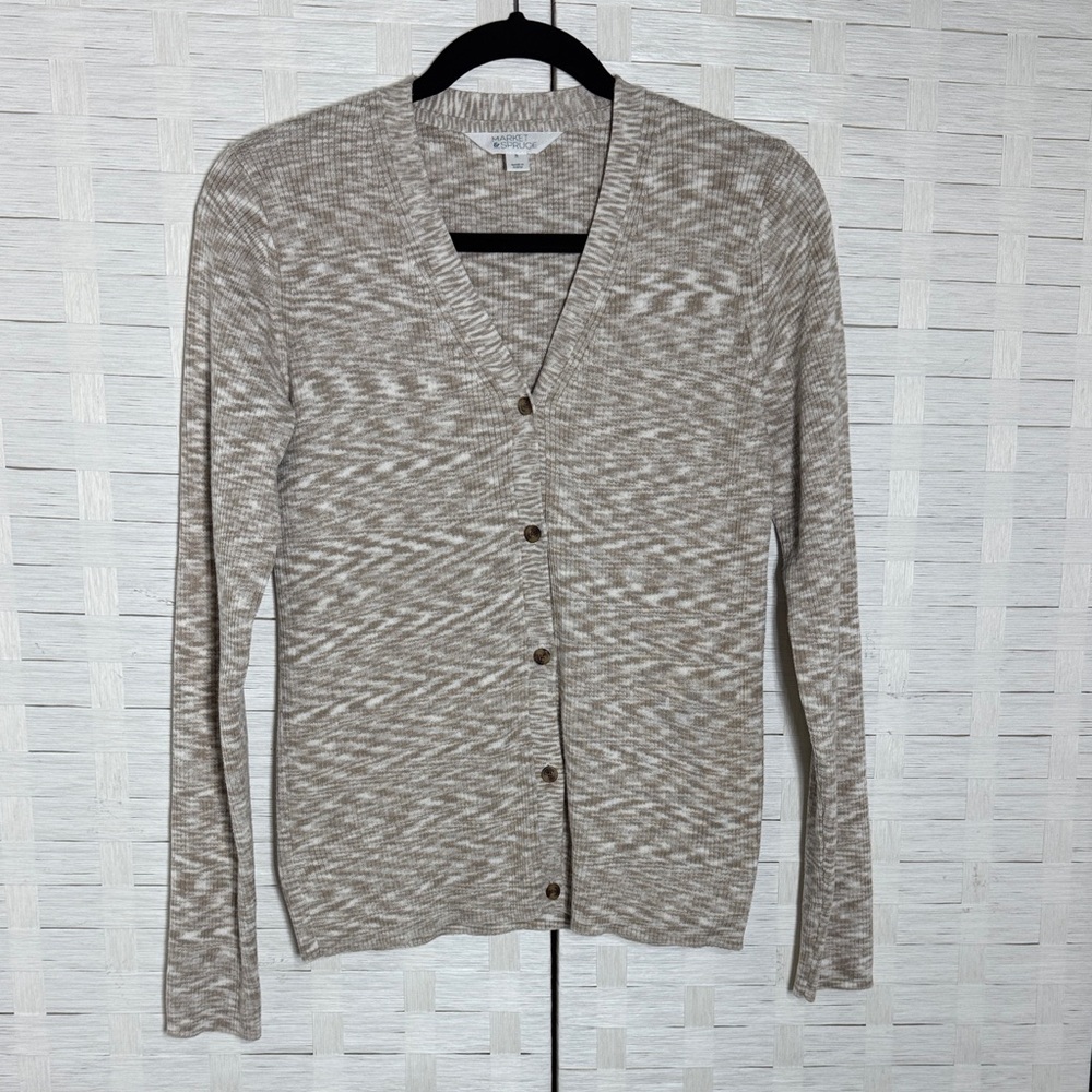 Market & Spruce Marbled Tan & Cream V-Neck Button‎ Down Cardigan Size Medium